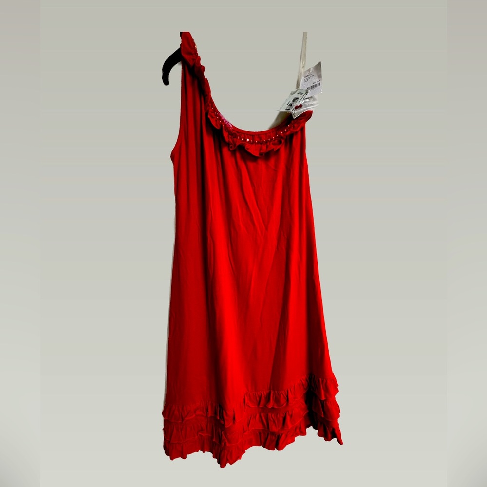 One shoulder, asymmetrical knit dress with continuous beaded neckline. New.